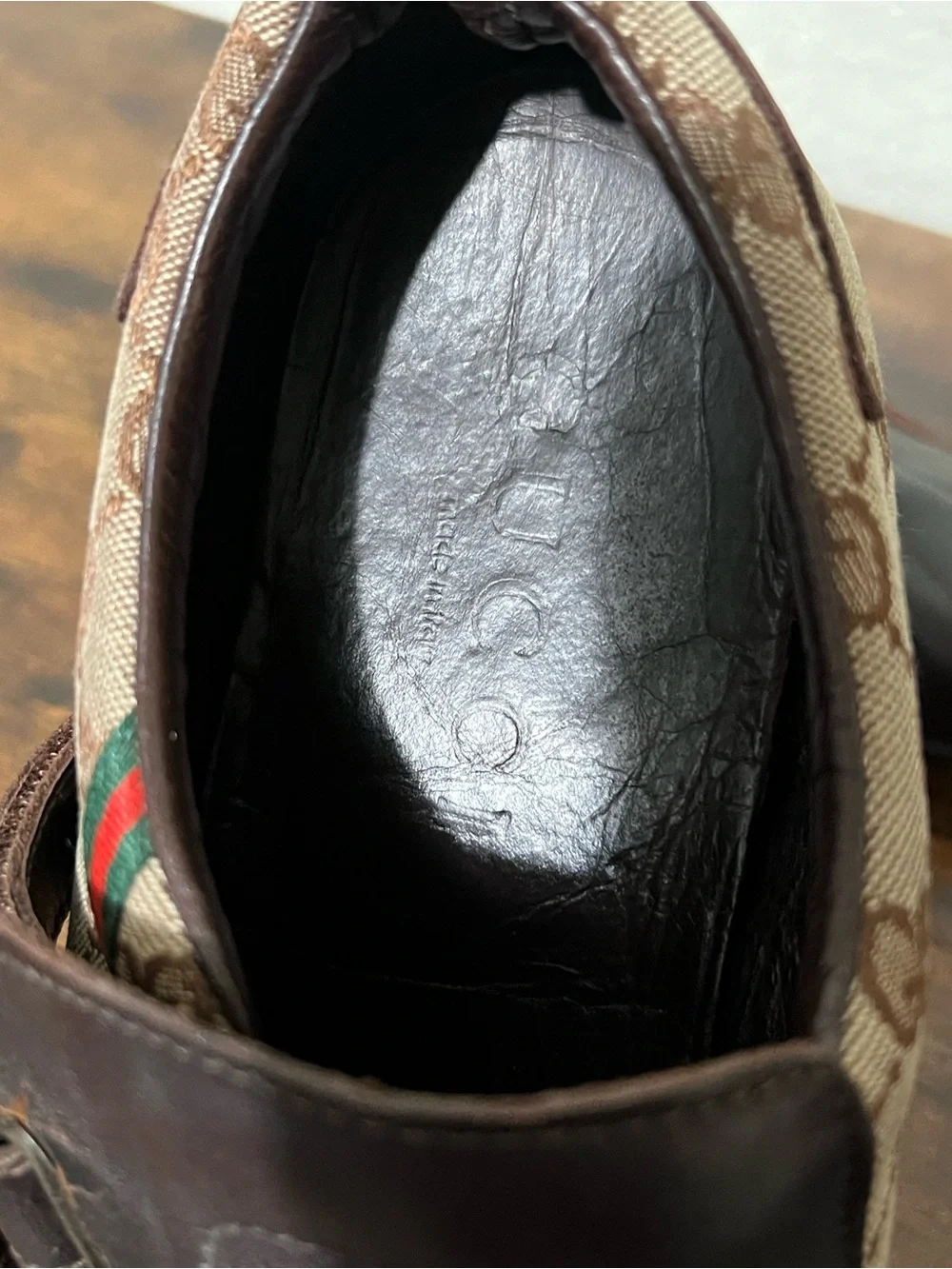 Gucci Brown GG Canvas & Dark Brown Leather Slip-Ons with Red-Green Stripe
